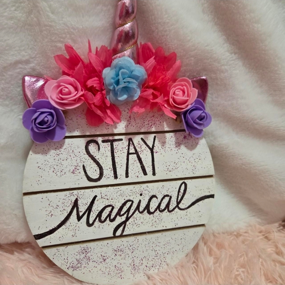 Unicorn "Stay Magical" Floral Wall Sign - Pink, Purple, Blue